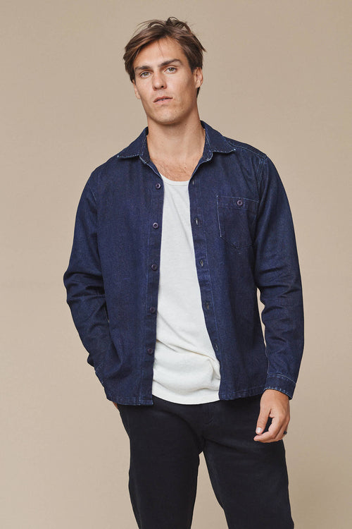 Denim Topanga Shirt | Jungmaven Hemp Clothing & Accessories / model_desc: Travis is 6β1β wearing Large