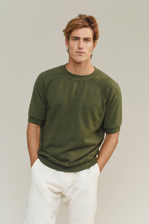 Short Sleeve Raglan Fleece Sweatshirt | Jungmaven Hemp Clothing & Accessories / model_desc: Louis is 6’0” wearing Large